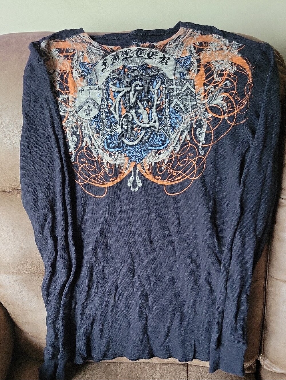 Long Sleeve Graphic Tee in Navy with Orange & White Crest - Brand Filter